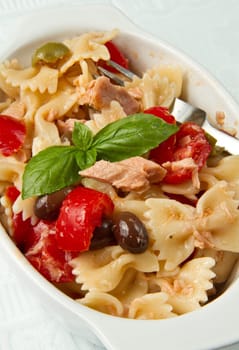 pasta salad with tomatoes,tuna and olives