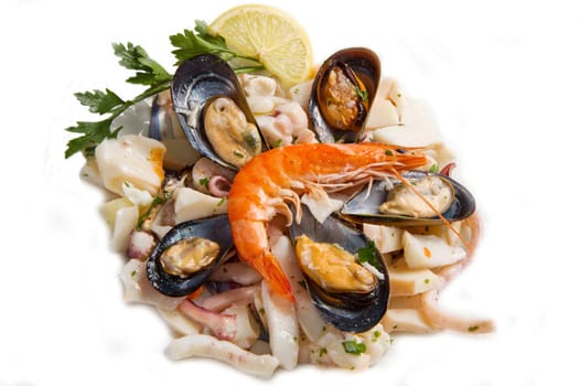 seafood salad on white background