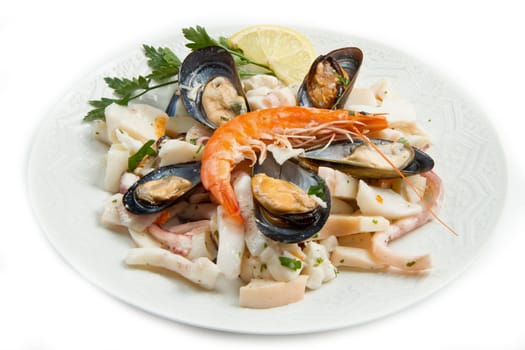 seafood salad on white background