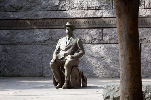 Distant telephoto shot of the statue of President Roosevelt in a wheelchair in Washington DC