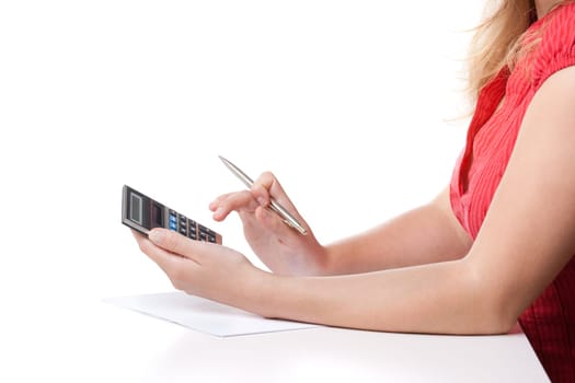 Business analyst woman calculating and taking notes. White background.