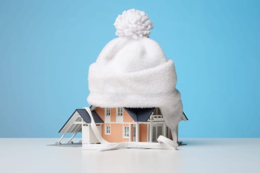 Baby cap isolate model of the house against heat leak - house insulation concept. Blue background.