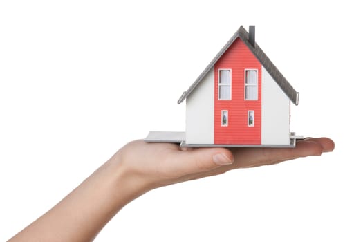 House agent offer new house represented by model against white background