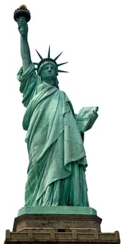 Closeup of the Statue of Liberty on Liberty Island, isolated, white background