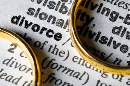 Two separate wedding rings next to the word "divorce"""