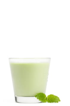 Melissa next to milkshake on white background