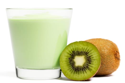 Milkshake with half and whole kiwi on white background