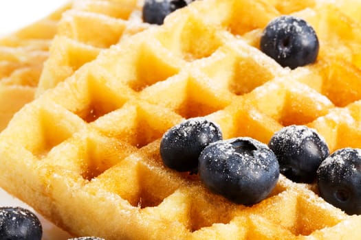 Sugared blueberries on waffles with syrup