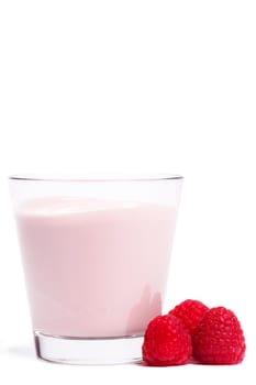 Milkshake with raspberries on white background