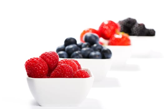 Raspberries in peel in front of other berries on white background