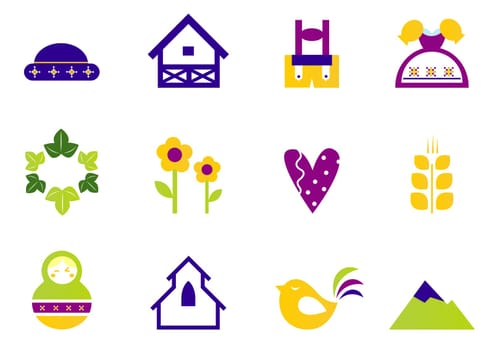 Vector collection of traditional icons and vilage motives. Vector set in fresh vibrant tones isolated on white.