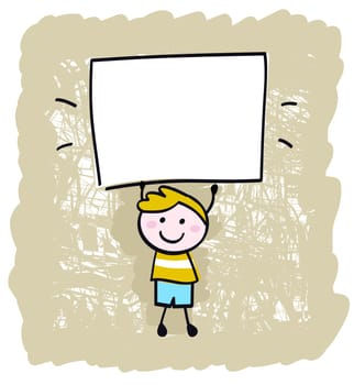 Cute happy boy in retro style holding blank banner sign - vector illustration.