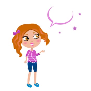 Little fashion girl in jeans and pink Tshirt. Vector Illustration.
