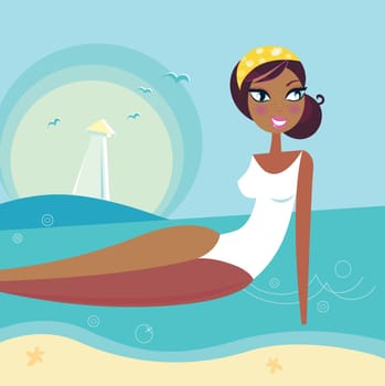 Cute stylized beach girl. Vector Illustration.