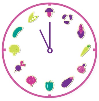Clock showing healthy food, vegetable icons. Vector