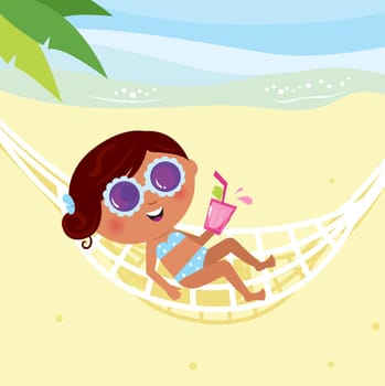 Summer &amp  holiday: bikini girl sunbathing in hammock. Vector Illustration.