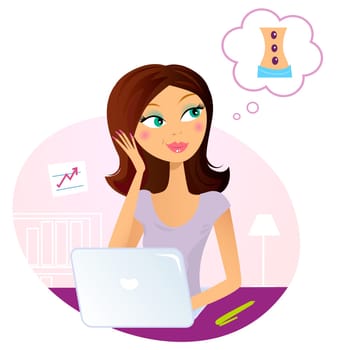 Busy office woman dreaming about relaxation. Vector Illustration.