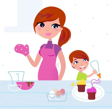 Mom and son baking birthday cookies. Vector Illustration