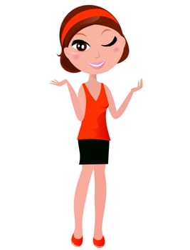 Presentating business woman in red clothes. Vector Illustration.