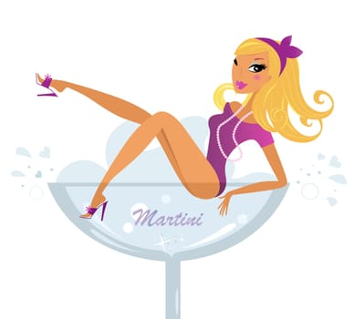 Cute sexy woman in fresh drink - isolated on white. Vector Illustration.
