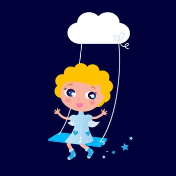 Cute angel Kid swinging in Air. Vector cartoon Illustration.