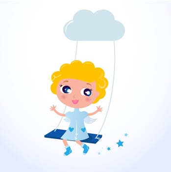 Blond Angel sitting in the sky - Vector Illustration.