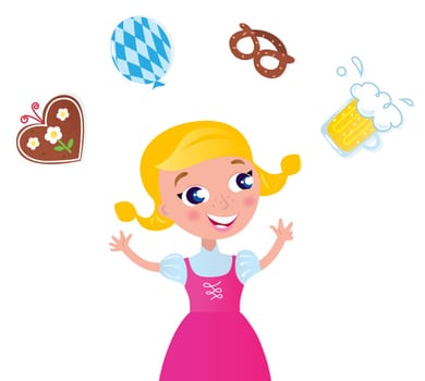 Cute blond bavarian girl with accessories isolated on white. Vector Illustration.
