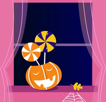 Pumpkin head and Helloween objects. Vector cartoon Illustration.
