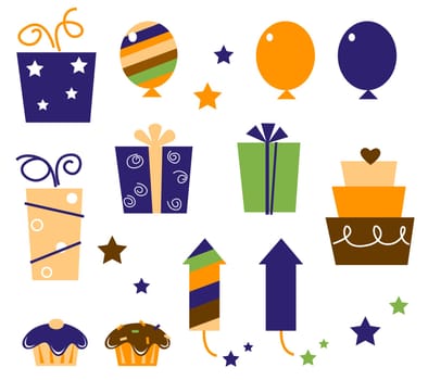 Icons and design elements for party celebration. Vector Illustration.