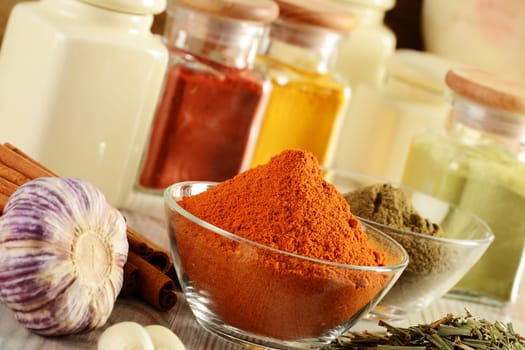 Composition with variety of spices on kitchen table