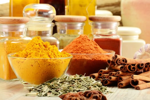 Composition with variety of spices on kitchen table