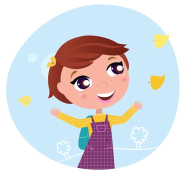 Little girl with Autumn leaves behind on her way to School. Vector Illustration.
