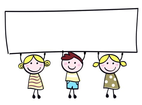 Happy cute little girls and boy holding empty blank banner - cartoon illustration.