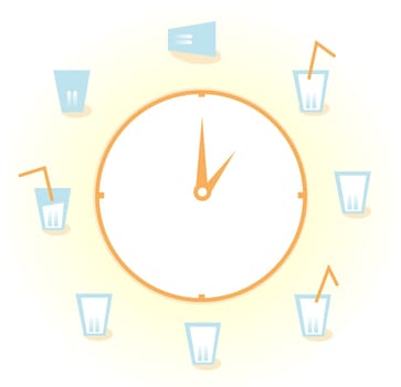 Drink! Vector Illustration of a clock with 9 Glasses of fresh water drinks for health!