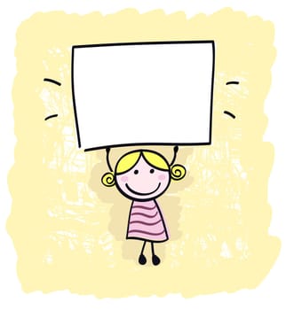 Happy little kid girl holding empty blank banner sign