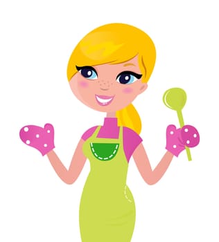 Cute blond woman cooking healthy food. Vector Illustration.