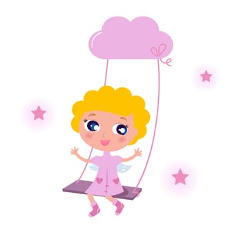 Blond cute angel swinging on sky with stars. Vector cartoon illustration.