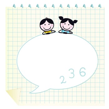 Two cute happy Children, Notepad and Speech Bubble