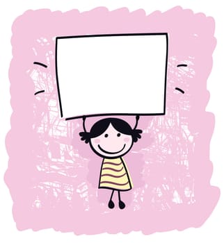 Happy cute little girl holding empty blank banner - cartoon illustration