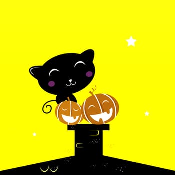 Black cat with Halloween Pumpkin heads. Vector Illustration.