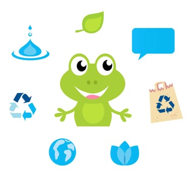 Cute green Frog character, Ecology, Nature and Water icons and symbols