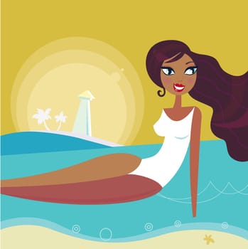 Cute woman taking sun bathing on the beach. Vector Illustration in retro style.