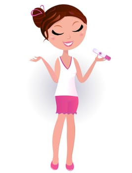 Happy woman holding pregnancy test. Vector Illustration.