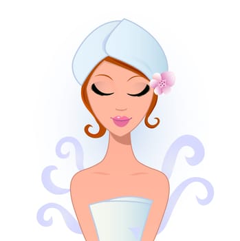 Beautiful woman with Lotus Flower in hair. Vector Illustration isolated on white.