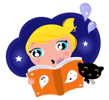 Cute Girl is reading Halloween Story Book, Black cat and Ghosts. Vector Illustration.