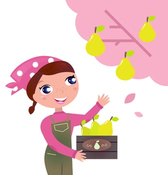 Woman harvesting fruit on the farm. Vector Illustration.