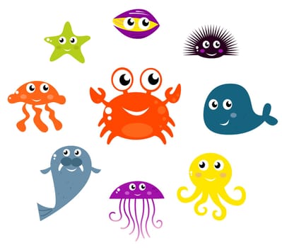 Underwater creatures and animals set. Vector cartoon Illustration.