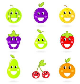 Vector collection of happy crazy fruit characters isolated on white.