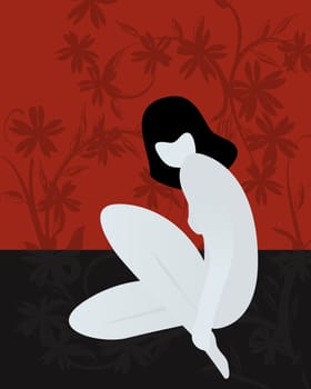 Stylized nude girl sitting, abstract art