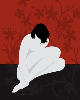 Stylized nude girl sitting, abstract art
